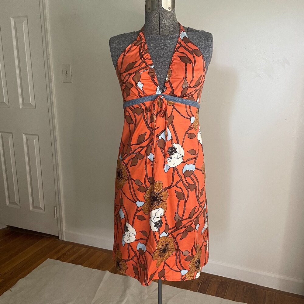 Beautiful vintage/Y2K orange flowered halter dress w/denim tie detail, size s